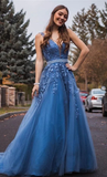 Promfast A Line Blue Long Beaded Prom Dresses, Formal Lace Appliques Prom Gowns PFP1830