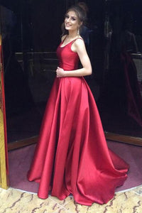 Red A-Line Long Prom Dress,Simple Satin Evening Dress