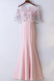 Elegant Pink Round Neck Short Sleeve Satin Lace Applique Long Prom Dress