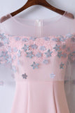 Elegant Pink Round Neck Short Sleeve Satin Lace Applique Long Prom Dress PFP0830