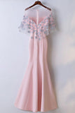 Elegant Pink Round Neck Short Sleeve Satin Lace Applique Long Prom Dress PFP0830