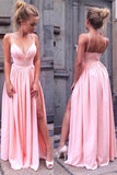 Simple Spaghetti Straps Pink V Neck Long Prom Dress with Slit