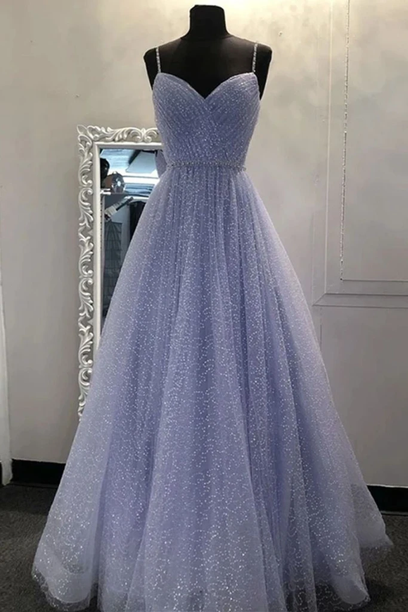 Promfast Blue Spaghetti Straps A Line Beading Sequins Long Prom Dress PFP1831