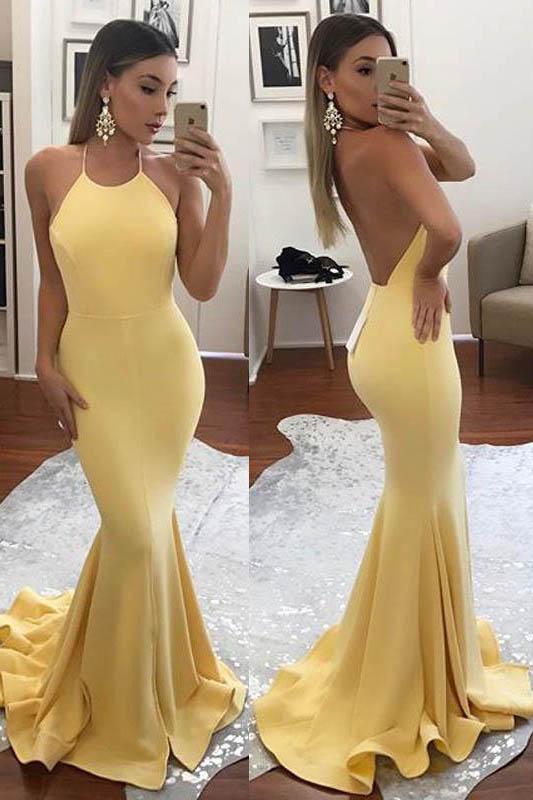 Fashion Halter Yellow Mermaid Sexy Backless Long Prom Dresses,Formal Evening Dresses 