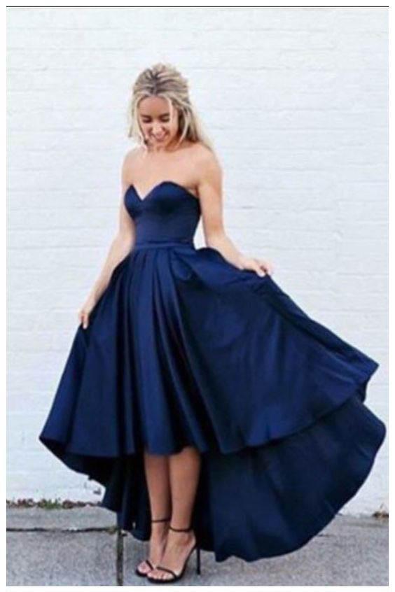 New Arrival Simple Sweetheart Strapless Dark Navy Blue High-low Prom Dress
