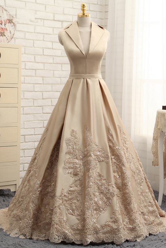 A-line V-neck Cap Sleeves Satin Appliques Lace Prom Gown Long Formal Evening Dresses 