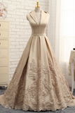 A-line V-neck Cap Sleeves Satin Appliques Lace Prom Gown Long Formal Evening Dresses 