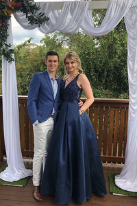 Promfast A Line Satin Beading V Neck Navy Blue Prom Dress With Pockets Promfast A Line Satin Beading V Neck Navy Blue Prom Dress With Pockets