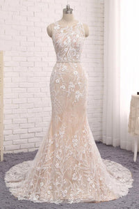 Unique Mermaid White Sleeveless Prom Dress,Lace Long Sweep Train Wedding Dress PFP0838