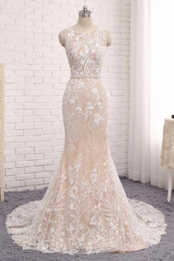 Unique Mermaid White Sleeveless Prom Dress,Lace Long Sweep Train Wedding Dress PFP0838