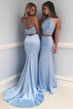Fashion Light Blue High Neck Beading Long Prom Dress,Two Piece Mermaid Evening Dress PFP0841