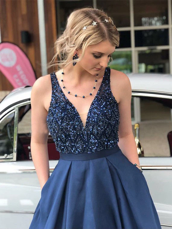 formal dresses dundalk Promfast A Line Satin Beading V Neck Navy Blue Prom Dress With Pockets