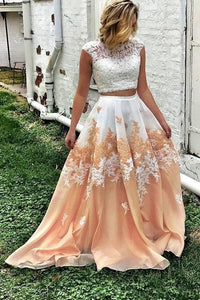 Pretty Two Piece Cap Sleeves A Line Lace Appliques Prom Dresses PFP0008