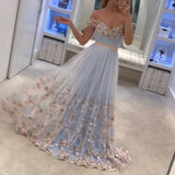 Light Blue Tulle Off The Shoulder Evening Gowns A Line Lace Appliques Prom Dress PFP0842
