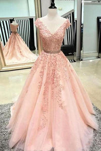 A Line V Neck Blush Pink Prom Dresses, Appliques Evening Dress