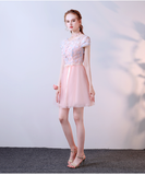 Pink A Line Tulle Cap Sleeves Short Homecoming Dresses With Flowers PFH0101