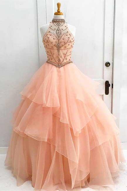 Charming High Neck Ruffle Beading Ball Gown Long Formal Prom Dress PFP ...