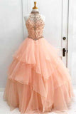 Charming High Neck Ruffle Beading Ball Gown Long Formal Prom Dress PFP0846