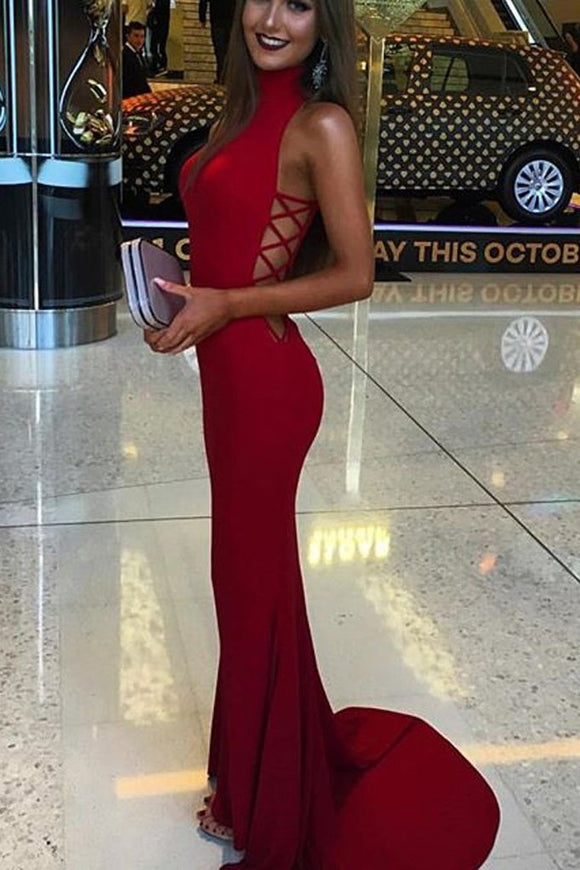 High Neck Red Mermaid Prom Dress,Long Sexy Evening Party Gown PFP0847