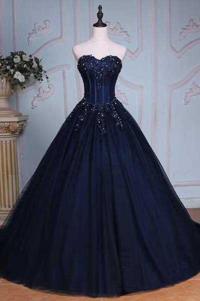 Navy Blue Ball Gown Court Train Sweetheart Strapless Appliques Prom Dress PFP0850