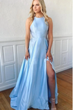 Promfast Light Blue Satin Split Long Simple Prom Dress Formal Party Dresses PFP1833