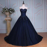 Navy Blue Ball Gown Court Train Sweetheart Strapless Appliques Prom Dress PFP0850