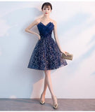 Navy Blue A Line Strapless Sequined Short Homecoming Dresses PFH0106