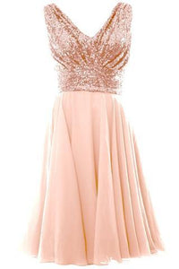 Cute Blush Pink V Neck Sleeveless Chiffon Short Bridesmaid Dress with Rose Gold Sequins PFB0012