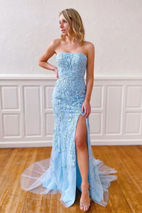 Promfast Sky Blue Mermaid Strapless Appliques Prom Dress Cheap Evening Dresses PFP1834