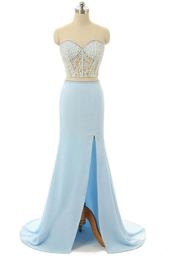 Elegant Mermaid Sweetheart Chiffon Sweep Train Split Front Light Sky Blue Prom Dresses PFP0854