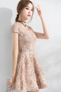 Beautiful A Line Short Sleeves Mini Lace Homecoming Dresses PFH0108