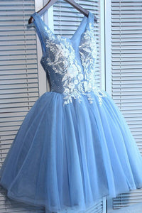 Blue Tulle A Line Lace Appliques Short Homecoming Dresses PFH0109