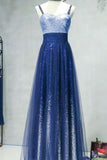 A-line Spaghetti Strap Sleeveless Royal Blue Tulle Sequins Modest Long Prom Dress PFP0857