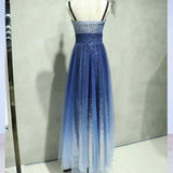 A-line Spaghetti Strap Sleeveless Royal Blue Tulle Sequins Modest Long Prom Dress PFP0857