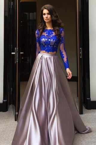 A Line Royal Blue Two Piece Long Sleeve Lace Top Prom Dresses PFP0859