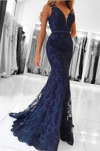 Elegant Navy Blue V Neck Long Lace Mermaid Prom Evening Dresses PFP0860