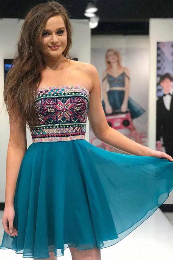 A-Line Strapless Embroidery Blue Chiffon Short Homecoming Dress,Sweet 16 Dresses PFH0111