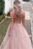 Luxurious Beaded V Neck Tulle Backless Sexy See Through Front Slit Pink Prom Dresses PFP0861