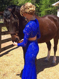 Elegant Sheath Scoop Neck Lace Beading Royal Blue Long Sleeve Two Piece Prom Dresses PFP0862