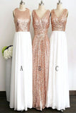 Rose Gold Long Elegant Pretty White Chiffon Charming Bridesmaid Dresses PFB0083