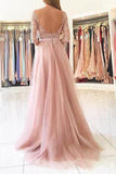 Elegant Half Sleeves Pink Tulle Long Lace Prom Dress with Slit PFP0866