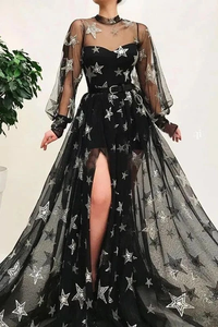 Promfast Popular Black Illusion Star Printed Long Sleeves Tulle A-Line Prom Dresses PFP1836