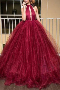 Princess Ball Gown High Neck Backless Burgundy Tulle Long Prom Dress PFP0869