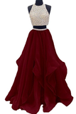 Two Piece Floor Length Burgundy Prom Dress Beaded Open Back Evening Gown PFP0870