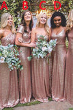Mismatched Rose Gold A Line Sequin Long Bridesmaid Dresses PFB0014