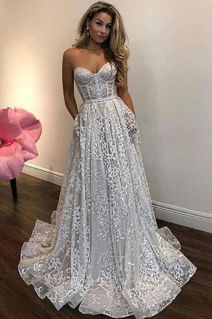 Off White Sweetheart Lace Long Wedding Dress,Charming Prom Dresses PFW0101