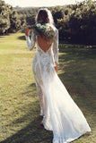 Off White Sheath Long Sleeve Backless Lace Wedding Dress,Summer Beach Wedding Dress PFW0102