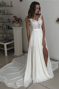 Off White Long Chiffon Cap Sleeves Split Wedding Dresses With Lace PFW0103