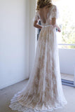 Romantic A-line Backless Lace Short Sleeves V Neck Long Wedding Dress PFW0104