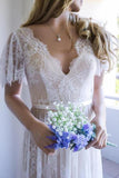 Romantic A-line Backless Lace Short Sleeves V Neck Long Wedding Dress PFW0104